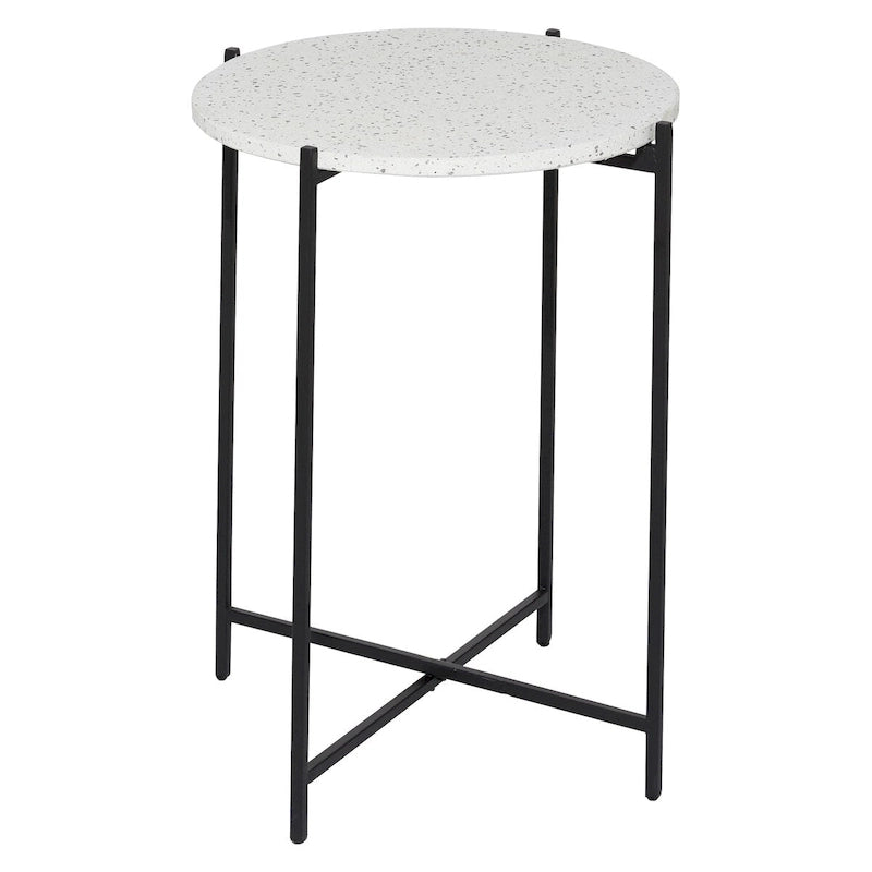 Tavolino Rotondo in Terrazzo Bianco con Gambe in Metallo Nero