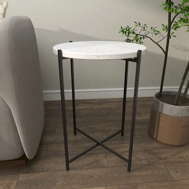 Tavolino Rotondo in Terrazzo Bianco con Gambe in Metallo Nero