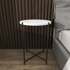 Tavolino Rotondo in Terrazzo Bianco con Gambe in Metallo Nero
