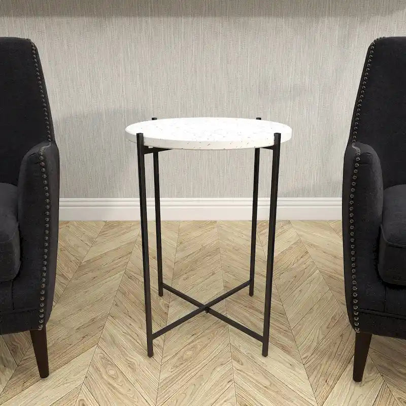 Tavolino Rotondo in Terrazzo Bianco con Gambe in Metallo Nero