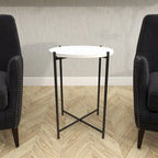 Tavolino Rotondo in Terrazzo Bianco con Gambe in Metallo Nero