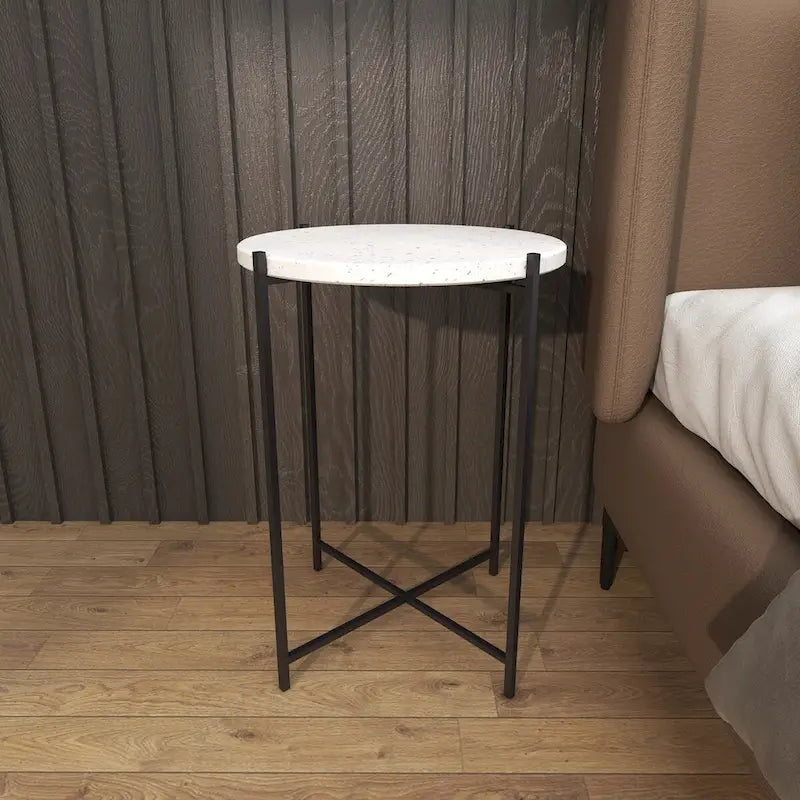 Tavolino Rotondo in Terrazzo Bianco con Gambe in Metallo Nero