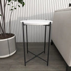Tavolino Rotondo in Terrazzo Bianco con Gambe in Metallo Nero