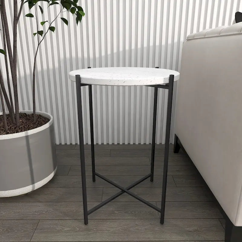 Tavolino Rotondo in Terrazzo Bianco con Gambe in Metallo Nero