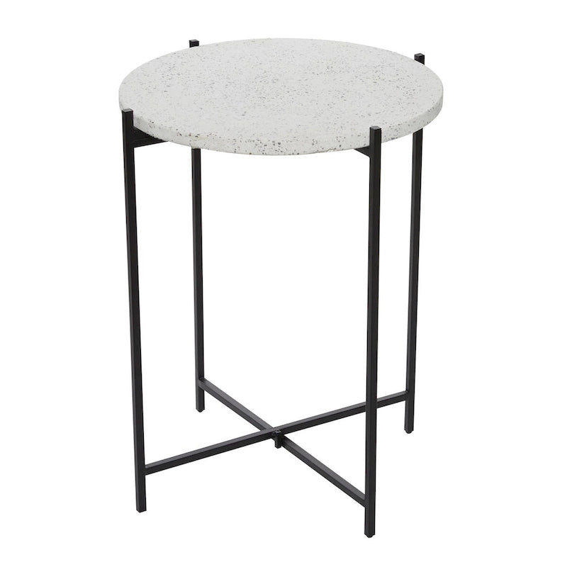 Tavolino Rotondo in Terrazzo Bianco con Gambe in Metallo Nero
