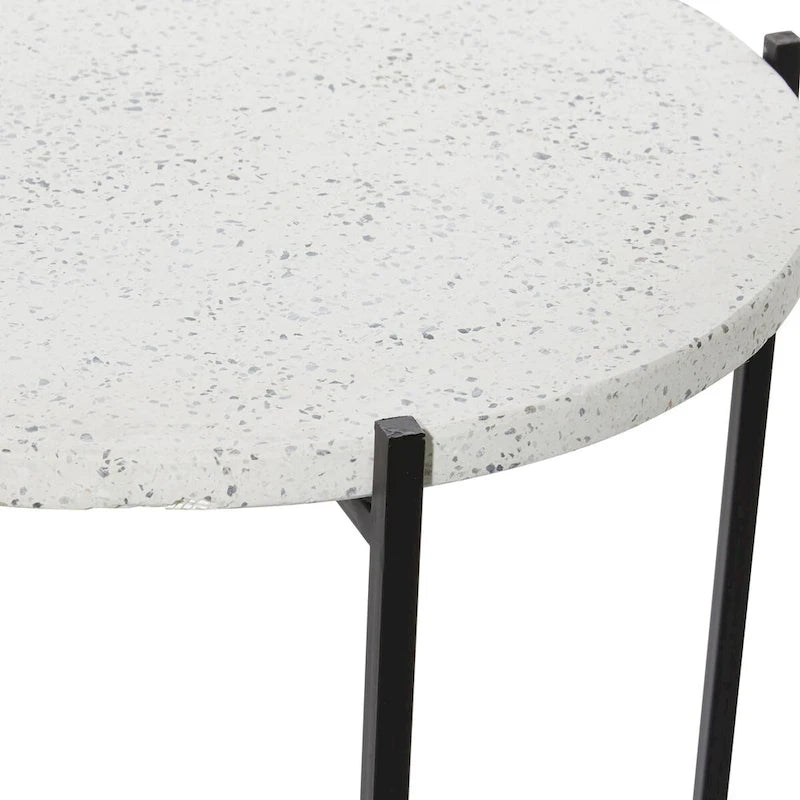 Tavolino Rotondo in Terrazzo Bianco con Gambe in Metallo Nero