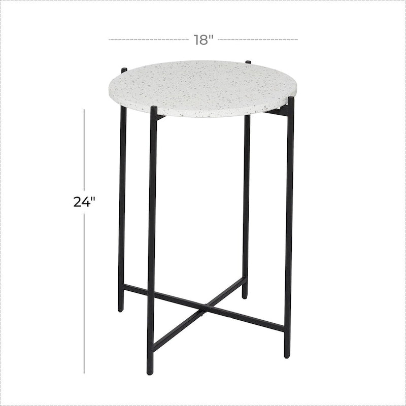 Tavolino Rotondo in Terrazzo Bianco con Gambe in Metallo Nero