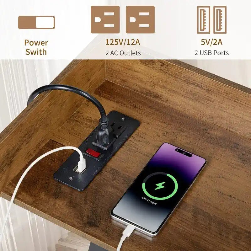Consolle rustico industriale con prese di corrente e porte USB, bicolore, 1 persona