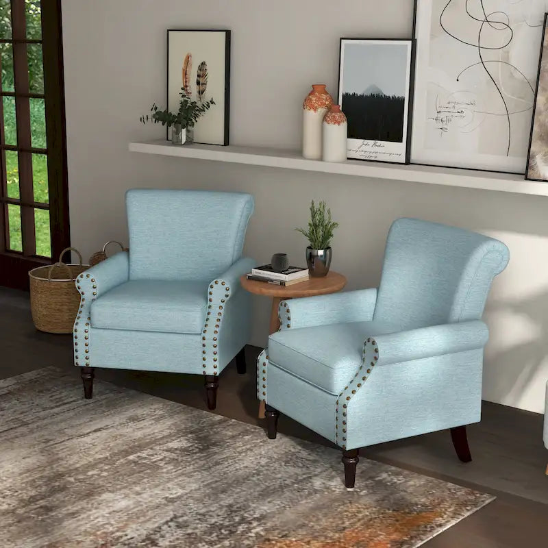 Poltrona imbottita in poliestere verde/beige/grigio con borchie decorative, set da 2 pezzi