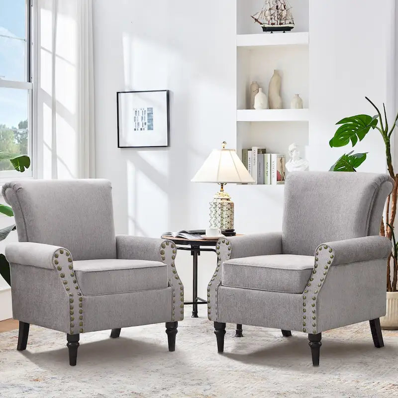 Poltrona imbottita in poliestere verde/beige/grigio con borchie decorative, set da 2 pezzi