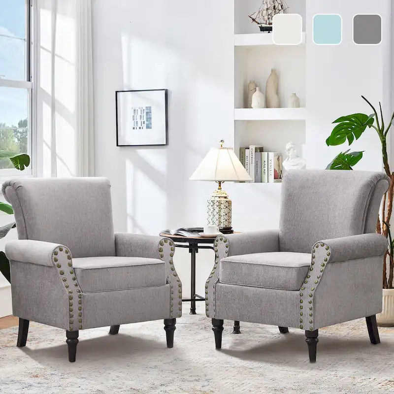 Poltrona imbottita in poliestere verde/beige/grigio con borchie decorative, set da 2 pezzi