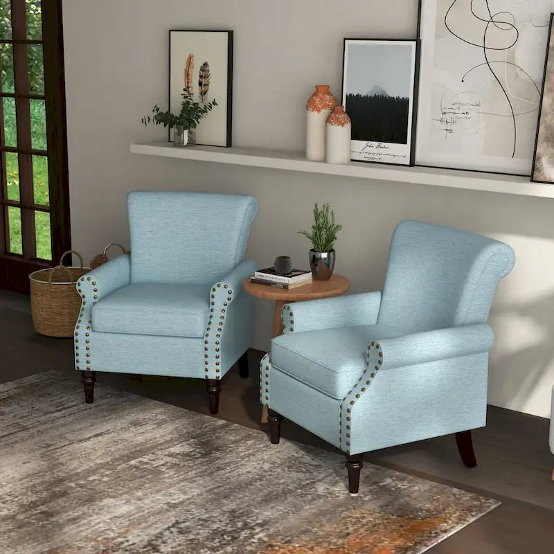 Poltrona imbottita in poliestere verde/beige/grigio con borchie decorative, set da 2 pezzi