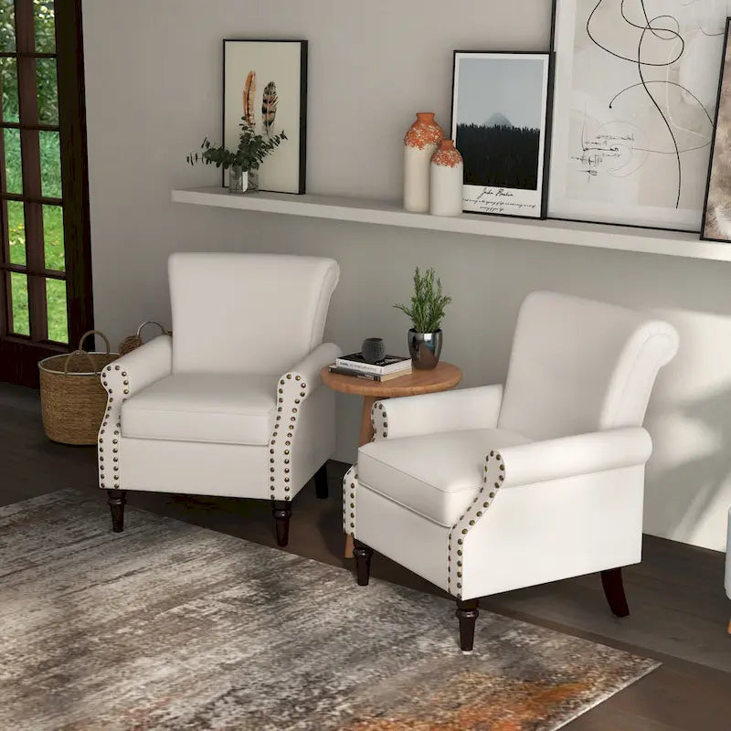 Poltrona imbottita in poliestere verde/beige/grigio con borchie decorative, set da 2 pezzi