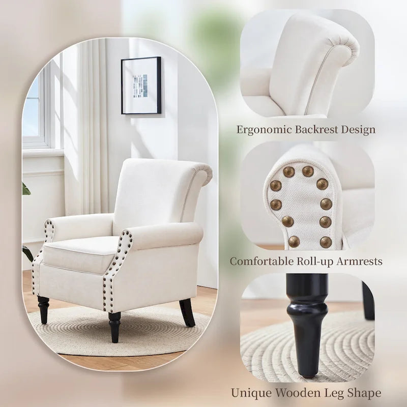 Poltrona imbottita in poliestere verde/beige/grigio con borchie decorative, set da 2 pezzi