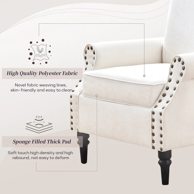 Poltrona imbottita in poliestere verde/beige/grigio con borchie decorative, set da 2 pezzi