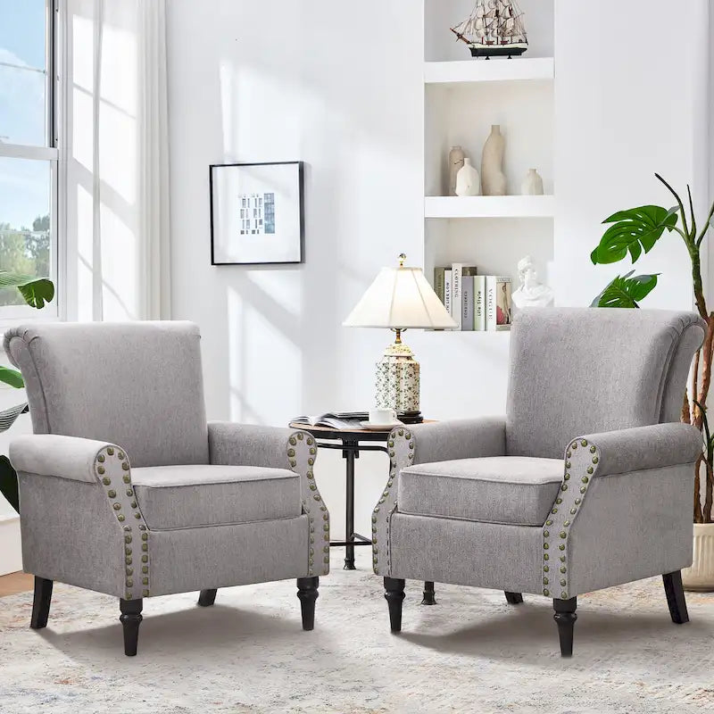 Poltrona imbottita in poliestere verde/beige/grigio con borchie decorative, set da 2 pezzi