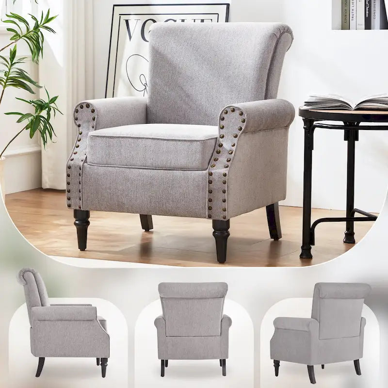 Poltrona imbottita in poliestere verde/beige/grigio con borchie decorative, set da 2 pezzi