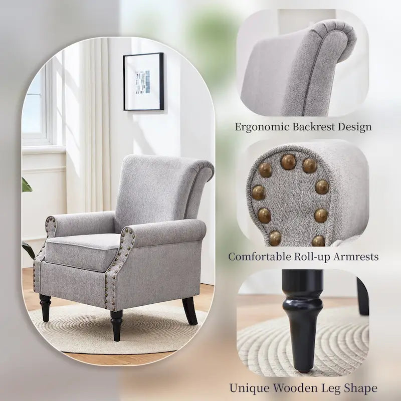 Poltrona imbottita in poliestere verde/beige/grigio con borchie decorative, set da 2 pezzi